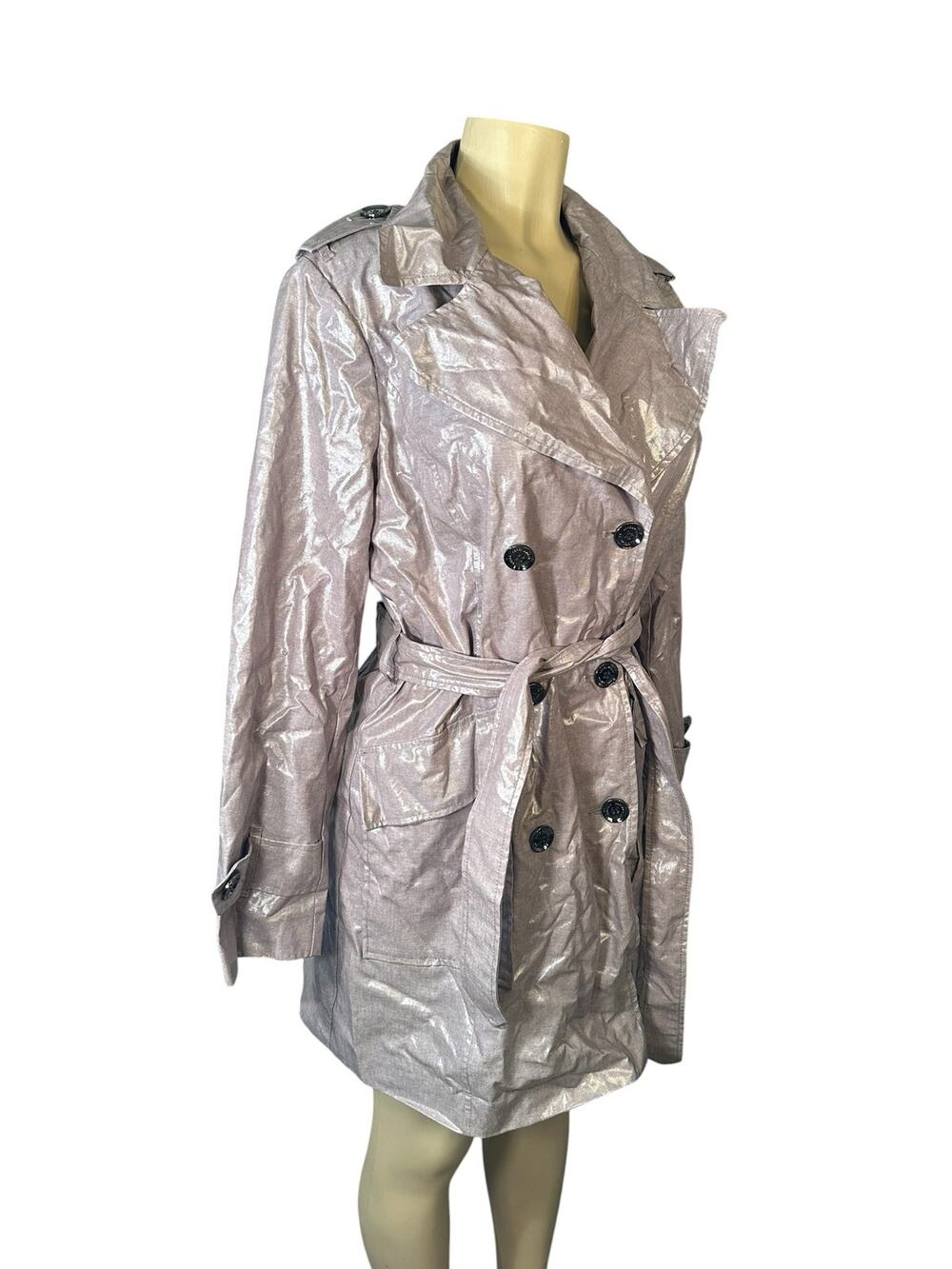 US-10 Karen Millen Metallic Gold Waxed Polyurethane Belted Trench Jacket Coat